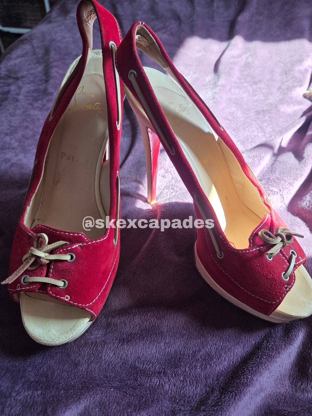 Christian Louboutin Red Suede Peep Toe Platform Pumps